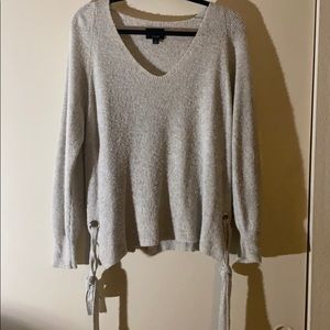 Grey Side Tie V Neck Sweater